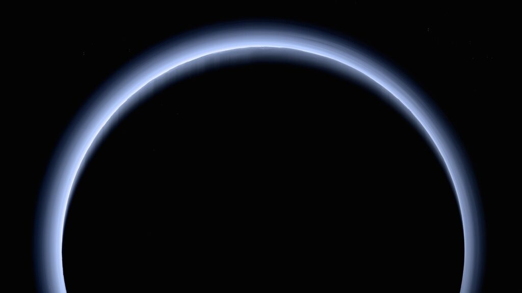 This is the highest-resolution color departure shot of Pluto receding crescent from NASA New Horizons spacecraft, taken when the spacecraft was 120,000 miles 200,000 kilometers away from Pluto.
